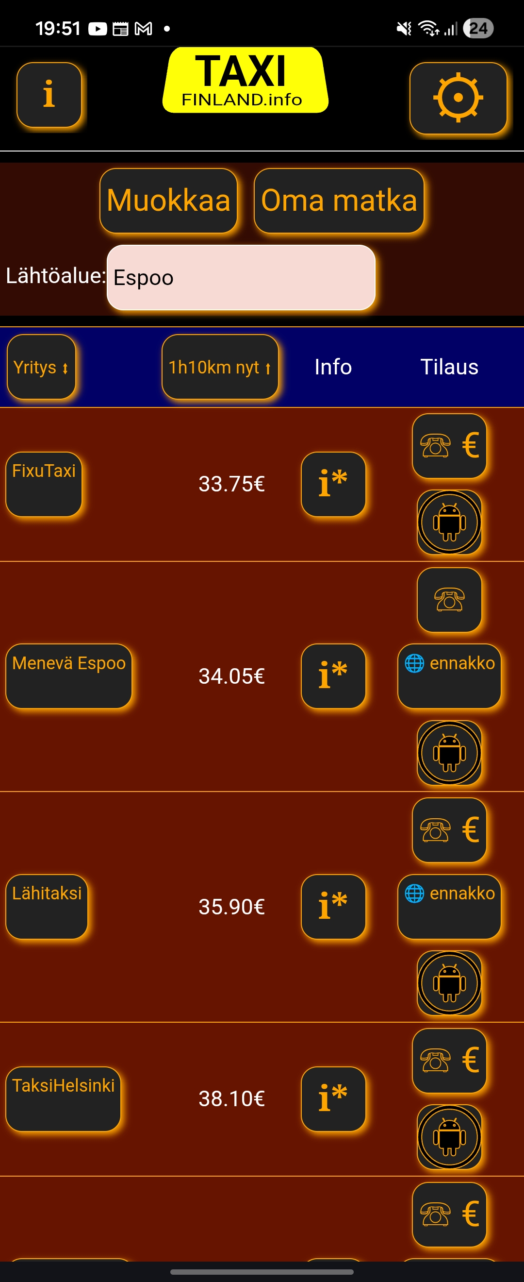 TaxiFinland.info on a mobile phone, showing a generic price comparison for Espoo