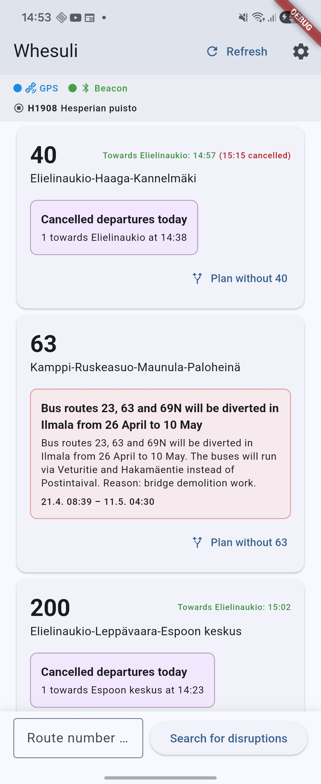 Whesuli mobile app screenshot, showing nearby HRT routes with disruption information